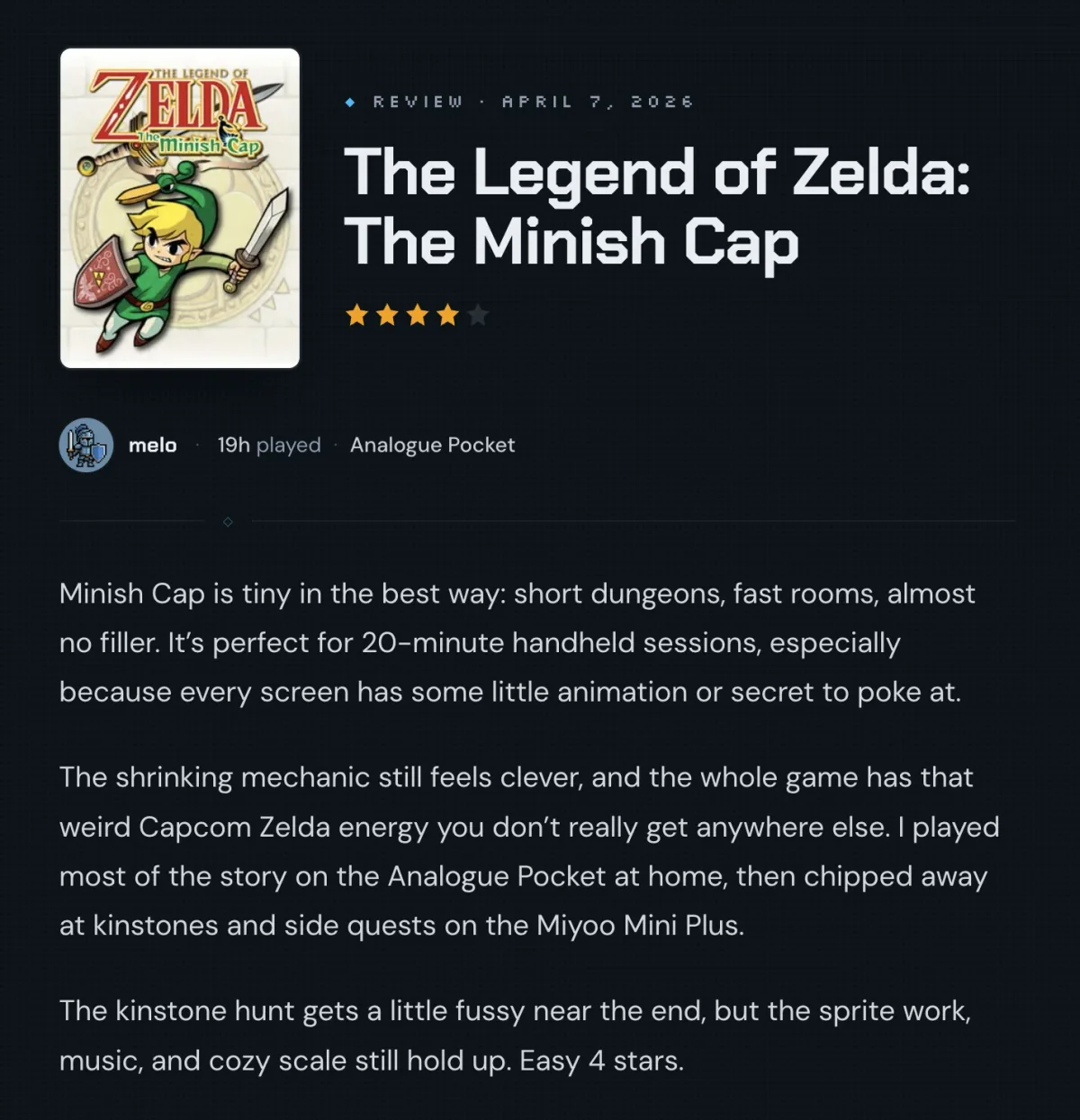 A review of The Legend of Zelda: The Minish Cap, showing a four-star rating, the time played, and the handheld it was played on.